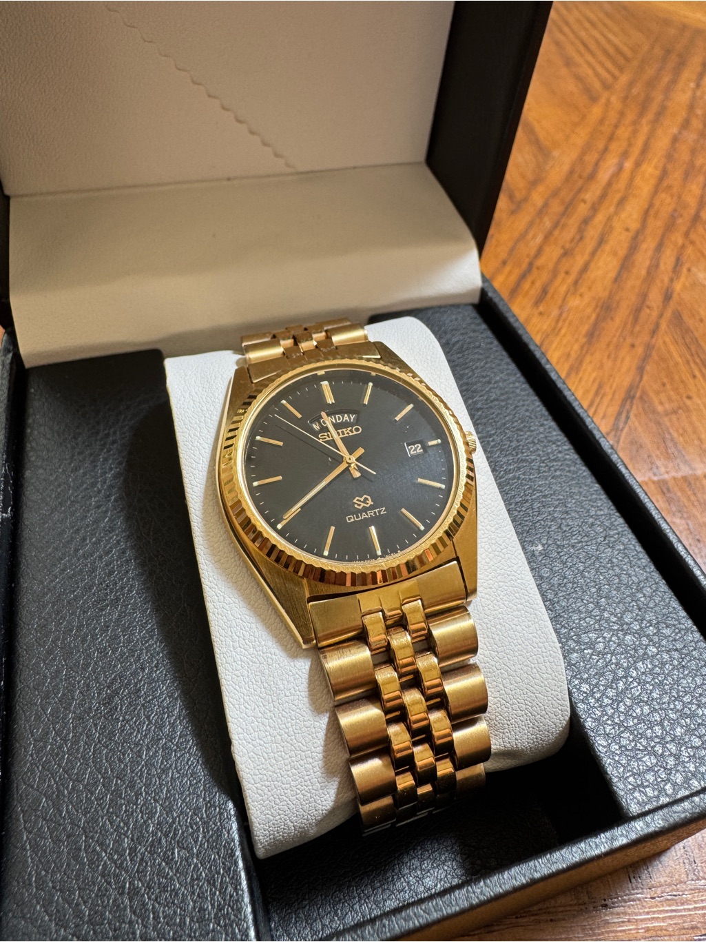 Vintage Seiko Sq President Fluted Bezel Watch 36mm Black Dial Gold Tone Daydate